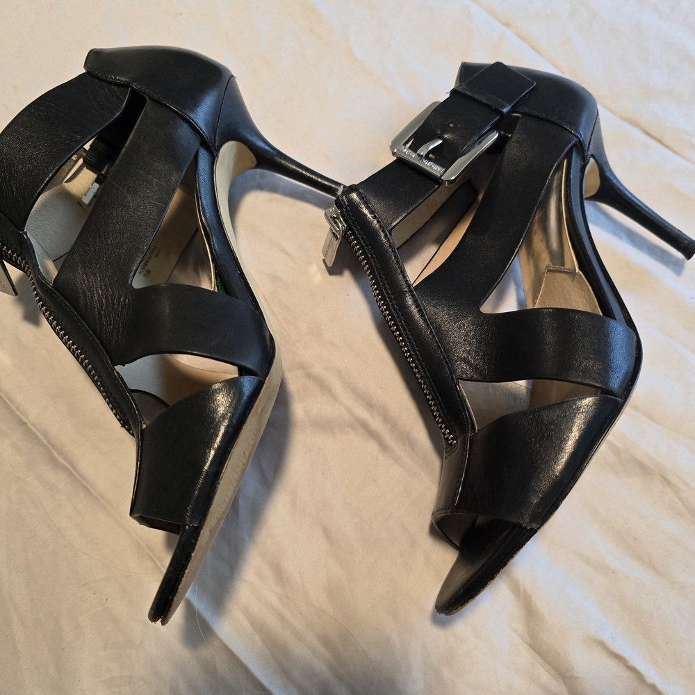 Michael Kors Black Leather Zip Front Strappy High Heel Sandals